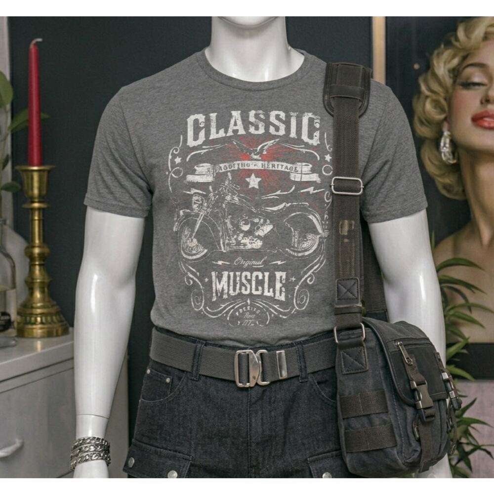Celebrate! Patriotic Motorcycle Graphic Tee - Men's Medium - Vintage Style Gray